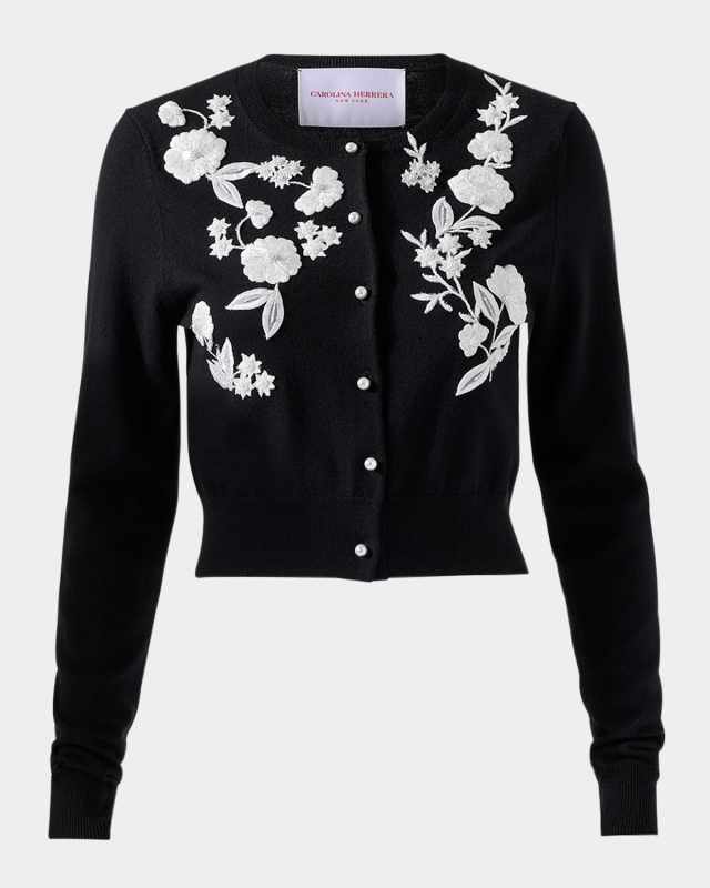 Floral Embroidered Crewneck Cardigan With Pearly Buttons